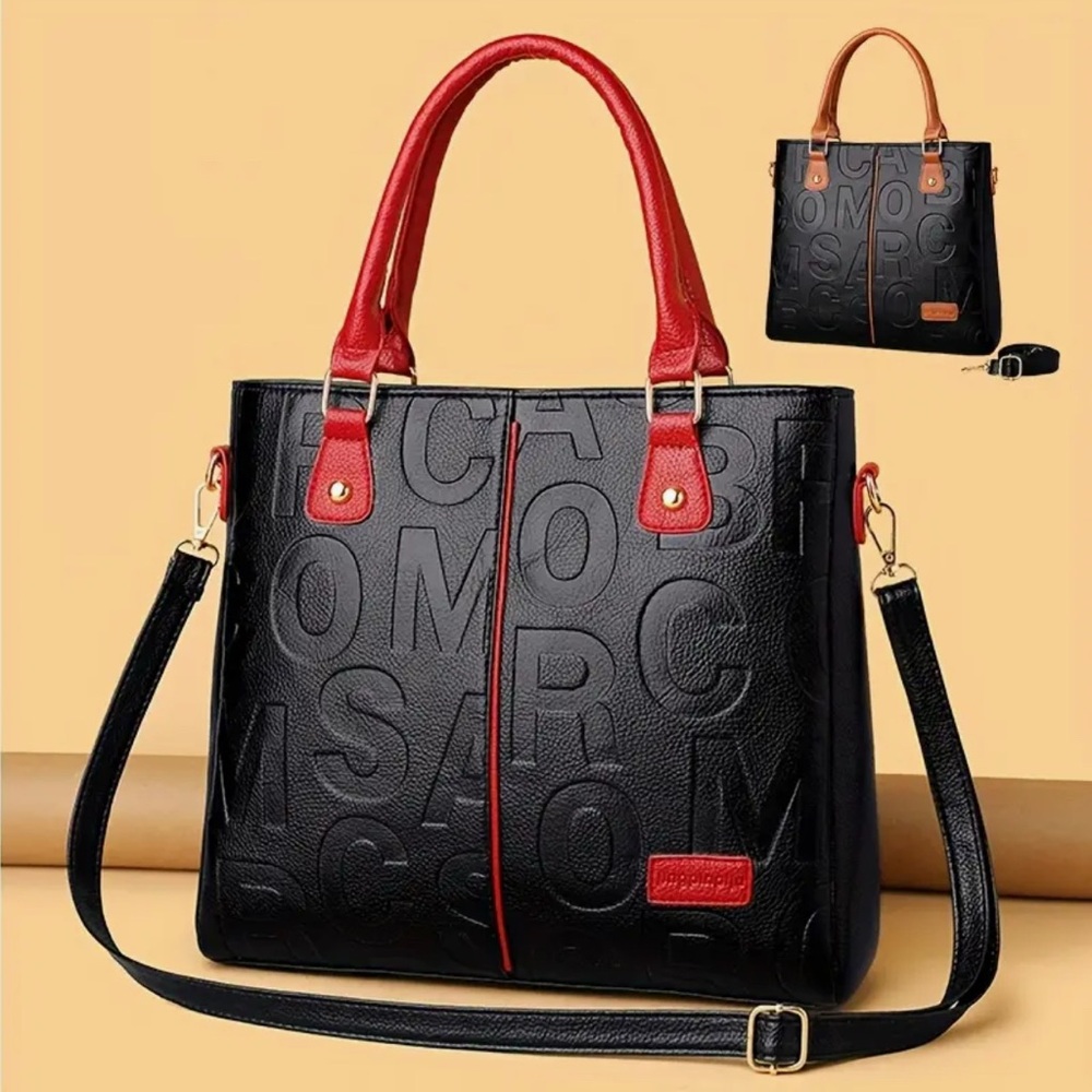 Perfect Lily Black Embossed Letter Tote Bag Red Handle Crossbody NIP - Picture 7 of 12